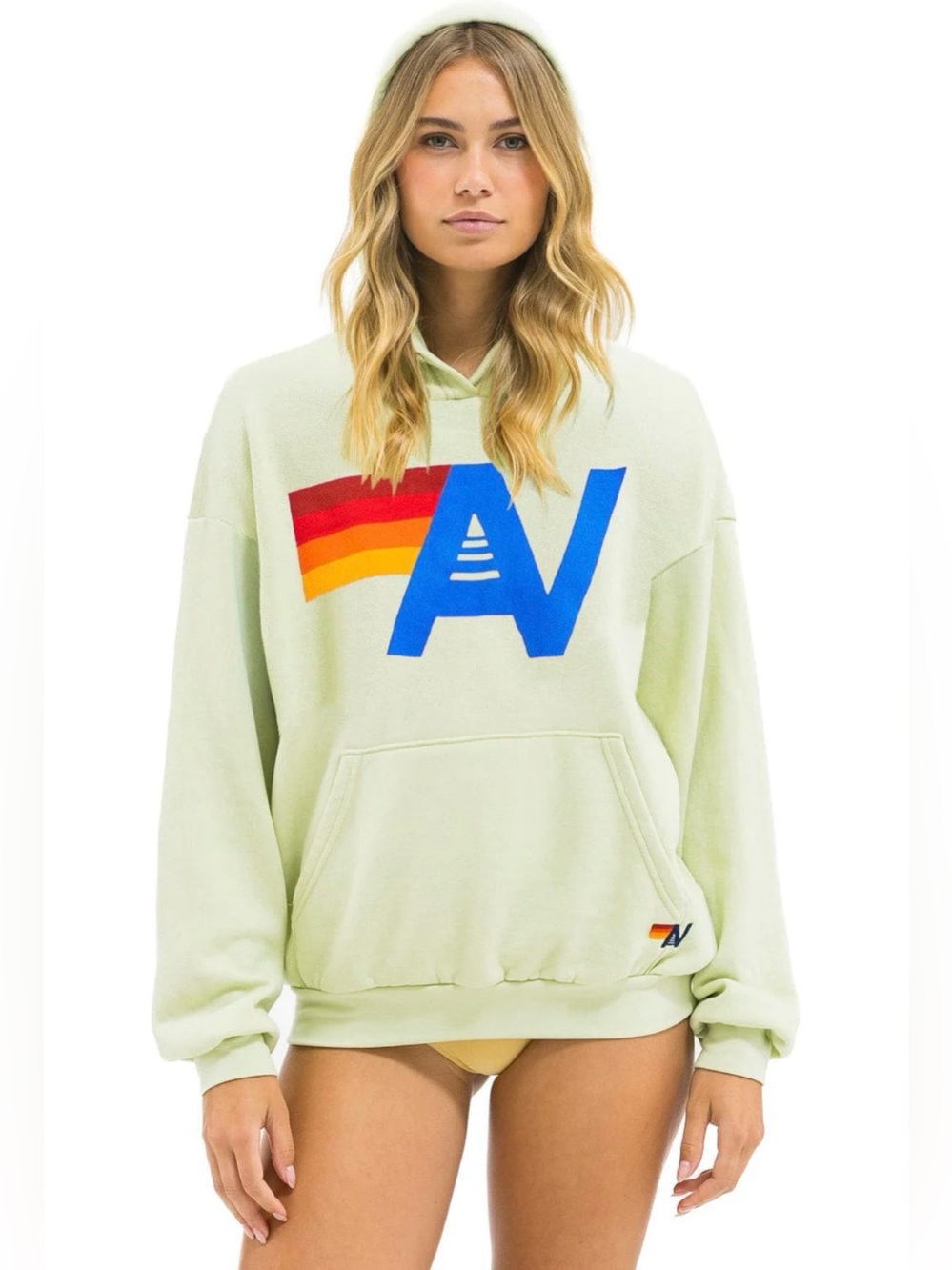 NWT Aviator Nation Logo Pullover Relaxed Hoodie - Lime Cream